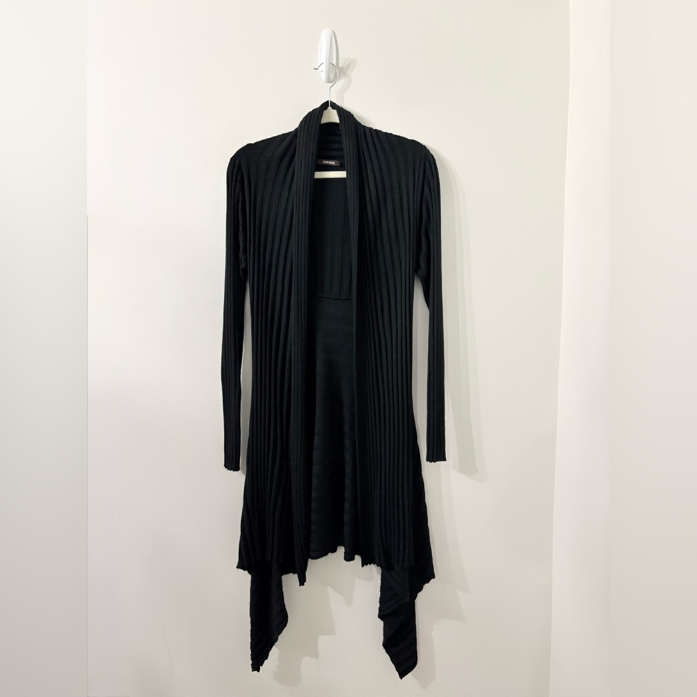 KERISMA Cashmere Ribbed Black Asymmetrical Open Front Cardigan Sweater Small